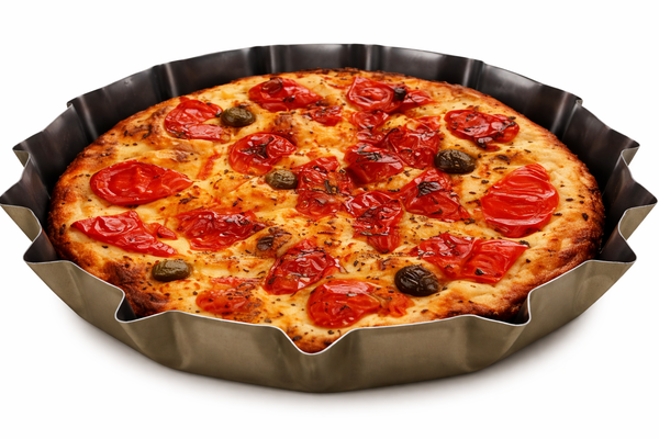 Focaccia barese cotta in teglia di ferro blu